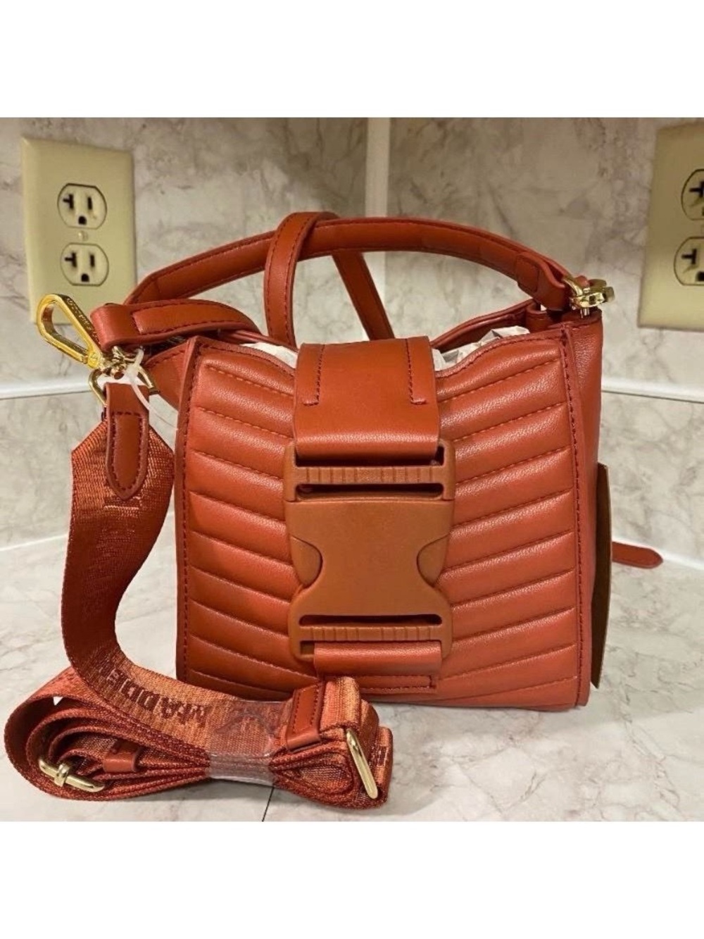 Steve Madden Quilted Rust Crossbody with Buckle Strap